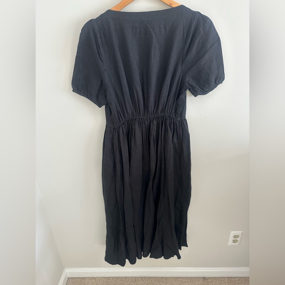Quince maternity black linen midi dress square neckline and puff sleeves size S - Picture 6 of 11